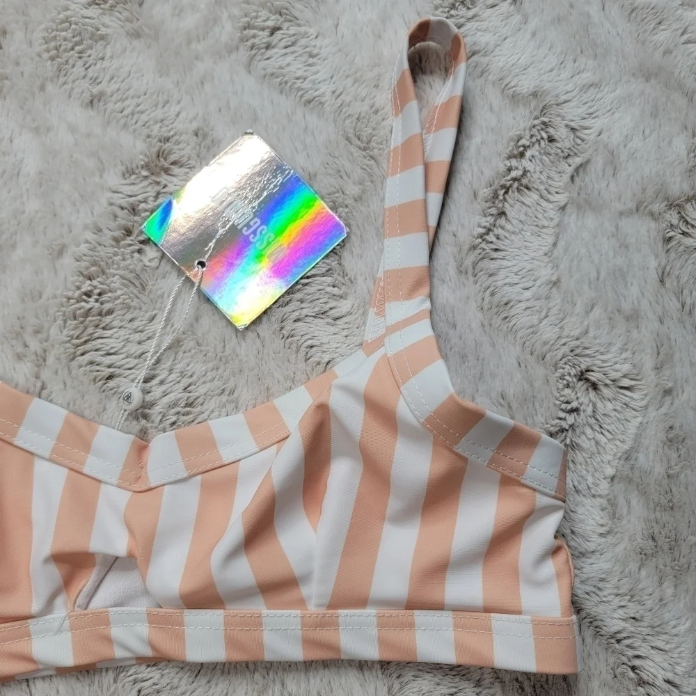 Missguided Stripe Cut Out Bikini Swim Top White Peach NWT Size 6 - Picture 5 of 12